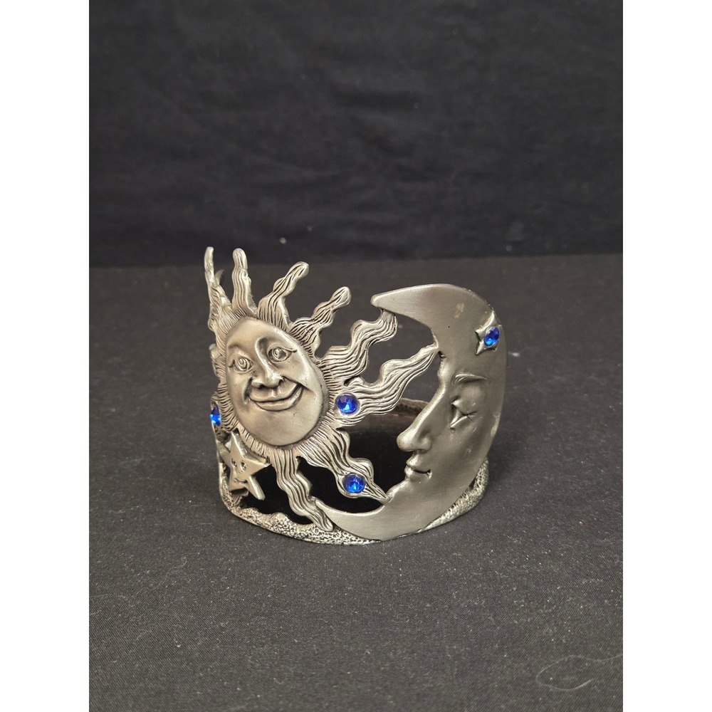 Vintage Celestial Sun and Moon Candle Holder Blue Rhinestone Pewter Tone votive